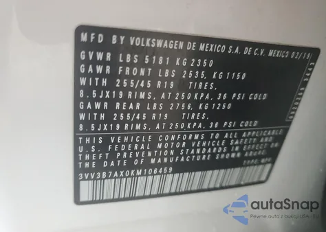 2019 Volkswagen Tiguan Se from USA, damaged, VIN 3VV3B7AX0KM106459